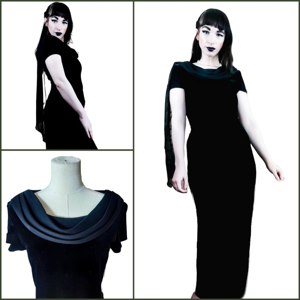 Vintage 1990s Black Velvet Scarf Formal Pencil Wiggle Maxi Dress